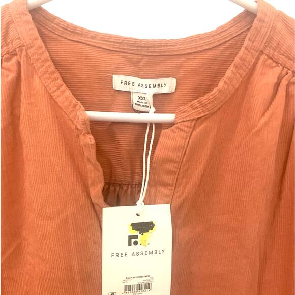 Free Assembly Prairie Dress 2XL Peach Tiered Corduroy Balloon Sleeve Boho NEW - Picture 5 of 10